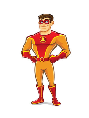 handsome cartoon superhero wearing a mask is standing confidence and proud with hands on hipsのイラスト素材