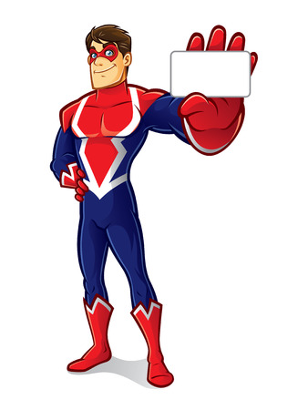 cartoon superhero wearing a mask is showing the card to the front of viewers with a smileのイラスト素材