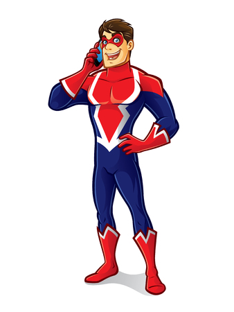 cartoon superhero wearing a mask is talking by handphoneのイラスト素材