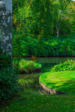 A calm lake reflecting colorful autumn trees in soft golden light.の写真素材