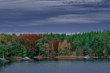 Beautiful autumn lake surrounded by trees with colorful reflection in the water.の写真素材