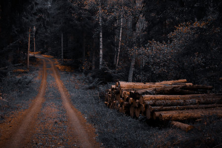 Moody autumn forest road with piles of cut logs on the roadside, surrounded by golden trees.の写真素材