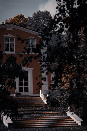 Atmospheric view of a house partially hidden behind autumn branches with orange leaves in soft moody tones.の写真素材