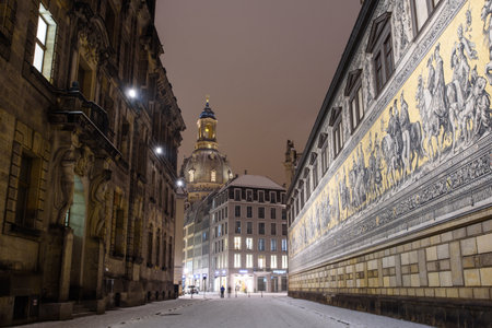 Dresden's Old Town at night in winter, a fresco on the wallのeditorial素材
