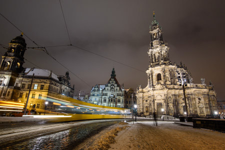 Dresden's Old Town at night in winter, the trace of the tramのeditorial素材