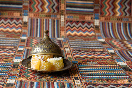 Traditional Turkish tea on the colored tableclothの写真素材