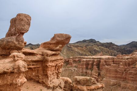 Charyn Canyon, Charyn River Valley. Red rocks and vertical canyon. Almaty region, Kazakhstan.