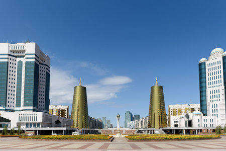 High-rise buildings and architectural monuments in the center of the capital August 2019, Nur-Sultan, Kazakhstanのeditorial素材