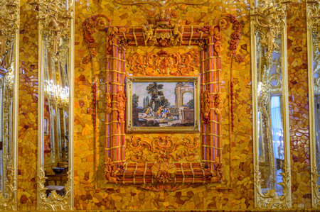Pushkin (Tsarskoe Selo), outskirts of St. Petersburg, Russia 07 February 2021 The Amber Room in the...