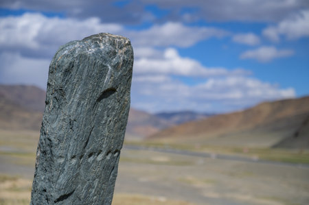 Stone steles in sacred places in Mongoliaの写真素材
