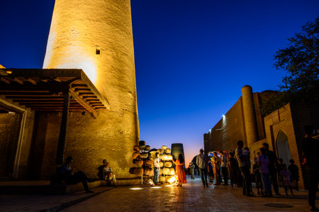 Uzbekistan, Khiva, June 12, 2022. Streets of Khiva at dusk after sunset. Khiva at night.のeditorial素材