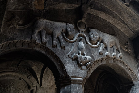 The ancient Geghard Monastery in the mountains of Armeniaの写真素材