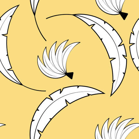 Tropical palm leaves and bananas black and white pattern yellow background. Concept for wrapping paper or fabric.のイラスト素材