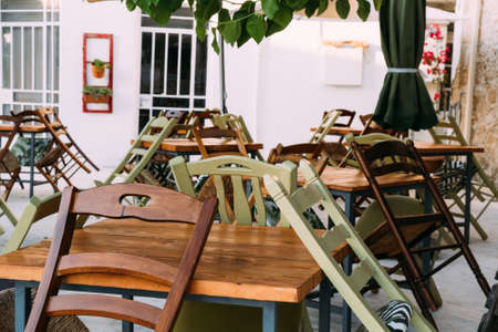 Cyprus, Paphos July 2020. Empty restaurant with now customers during COVID-19 corona virus pandemic.のeditorial素材