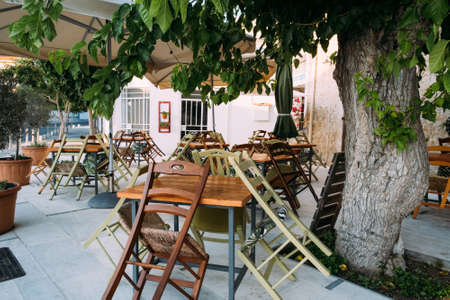 Cyprus, Paphos July 2020. Empty restaurant with now customers during COVID-19 corona virus pandemic.のeditorial素材