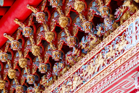 close-up of traditional decorations of Taiwan templeの写真素材