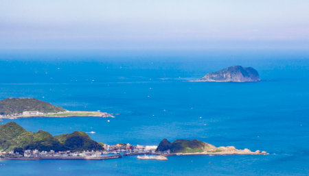 the view of Keelung Islet from Jiufen in Taiwanの写真素材