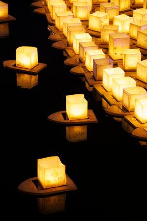 water lanterns float on the calm lake