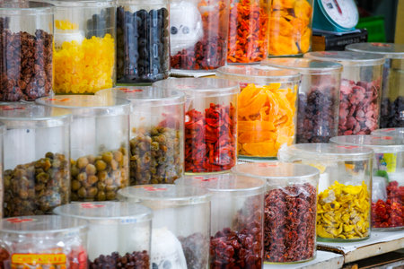 a rich and colorful variety of traditional snacks in a grocery store