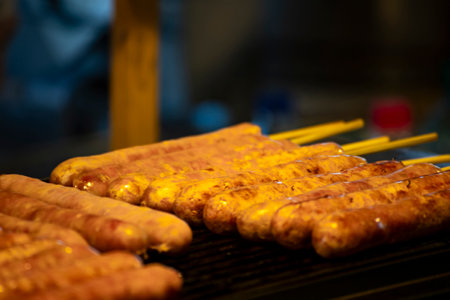 Golden brown sausages are neatly lined up on the grillの写真素材