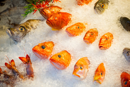Fresh fish on ice in a fish market,Thailand,Asia
