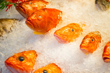 Fresh fish on ice in the fish market. Shallow depth of field.