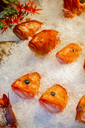 Fish on ice at the fish market in Istanbul, Turkey. Selective focus