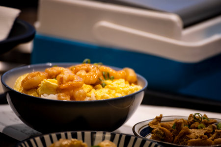 a bowl or portion of piping hot Taiwanese traditional snack â€“ shrimp rice