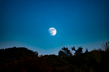 the magnificent moment of the moon slowly rising above the horizonの写真素材