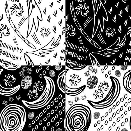 Set of 4 black and white abstract seamless patterns. Vector doodle patterns.のイラスト素材