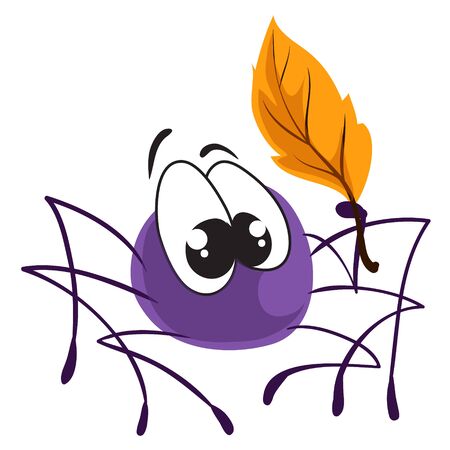 Little cute vector spider sitting with Autumn leaf vector stickerのイラスト素材