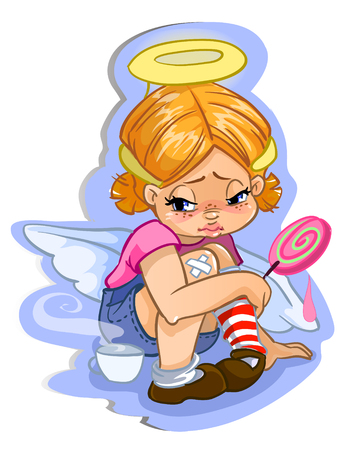 Angel toddler girl with big candy vector character stickerのイラスト素材
