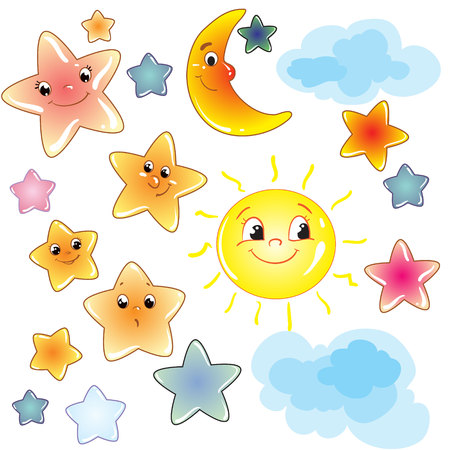 Funny cute stars on transparent background clip art with moon and cloudのイラスト素材