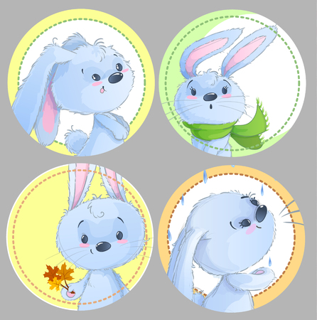 Set of round clipart with cute baby rabbits, baby animals, autumn theme, leafs, scarf for baby clothing, stickers, games.のイラスト素材