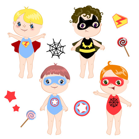 Kids wearing colorful costumes of different superheroes retro set, isolated on white background cartoon vector illustrationのイラスト素材