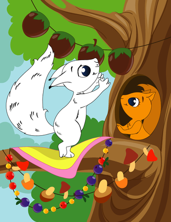 Coloring book page for preschool children with colorful background, and sketch squirrel to colorのイラスト素材