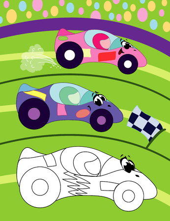 Coloring book page for preschool children with colorful background, and sketch sport car for coloringのイラスト素材