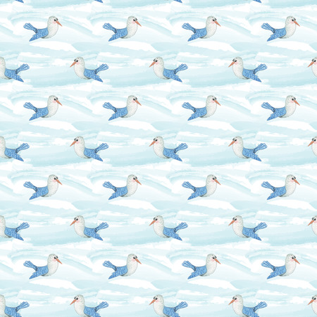 Seamless pattern with watercolor cute bird seagull and bear flying in a hot air balloon and clouds. Digital paper for kids and baby craftsの写真素材