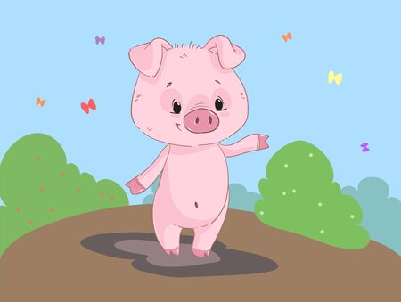Cute funny pig cartoon clipart with backgroundのイラスト素材