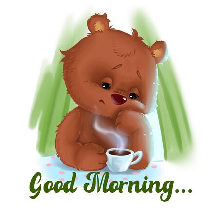 Bear mother tired sitting with morning coffeの写真素材