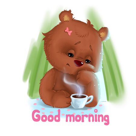 Bear mother tired sitting with morning coffeの写真素材