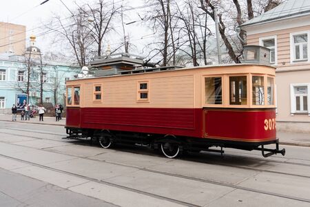 Moscow, Russian Federation - April 20 2019: tram parade. Old trams on Nikolskaya street. Retro tramsのeditorial素材