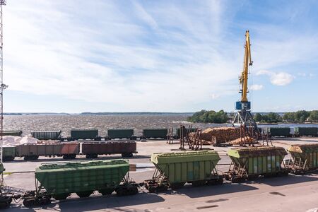 Railway station freight trains, cargo transport, timber carving woodの写真素材