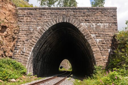 An old railway tunnel trimmed with beautiful historic masonry, among green plantsの写真素材