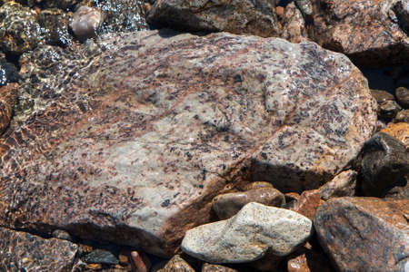 Rocks and pebbles on the shore in the water, various colorsの写真素材
