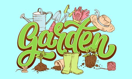 Lettering Garden word surrounded by gardener's attributesのイラスト素材
