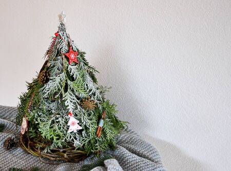 Christmas composition from thuja with Christmas balls and other decorations.の写真素材