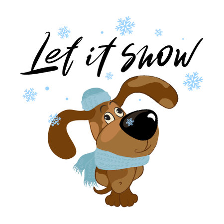 The inscription "Let it snow". A dog in a scarf and a hat looks at the snowflakes.のイラスト素材