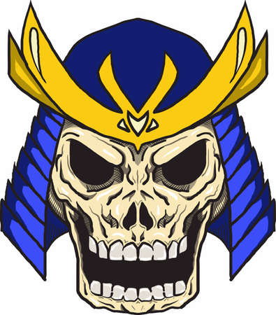 Samurai skull cartoon stryle in blue kabuto hat and slight golden ornamen on it's horn smiling in anggry expression towards enemy. good for graphic material, tattoo, japanese culture illustration, etcのイラスト素材
