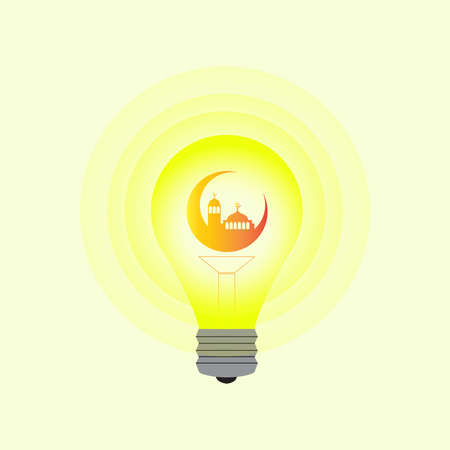 Ramadhan Light Bulb with cressent moon and mosque shining bright to celebrate moslem spiritual event in flat style vector. best for flyer, background, clipart, greeting card and other for creatives.のイラスト素材